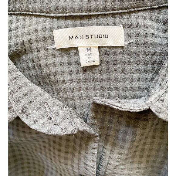Max Studio Green Checkered Button‎ Up Shirt Flutter Sleeve - M - Picture 6 of 10